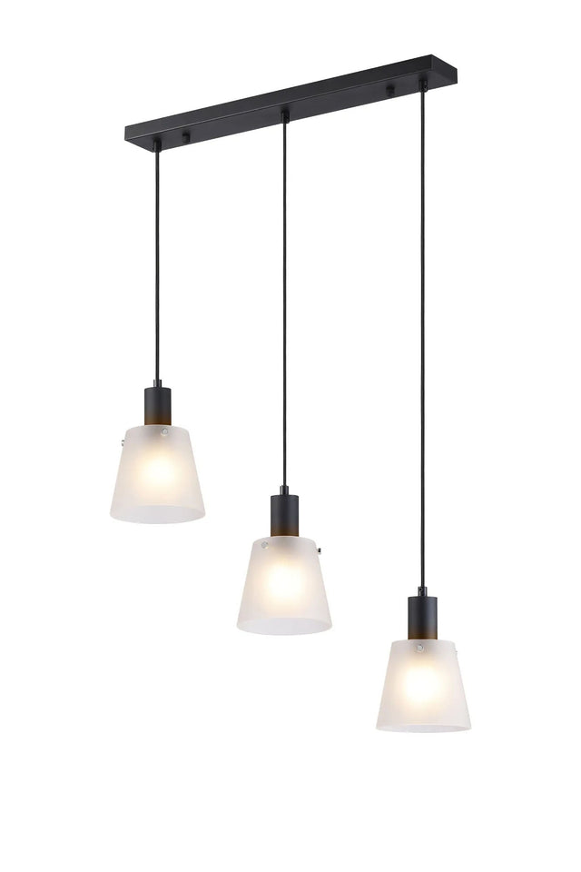 Mattson Linear Pendant, 16cm x 14cm Shade, 3 x E27, Sand Black/Frosted White Glass Shade