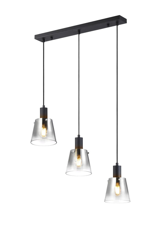 Mattson Linear Pendant, 16cm x 14cm Shade, 3 x E27, Sand Black/Smoke Faded Glass Shade