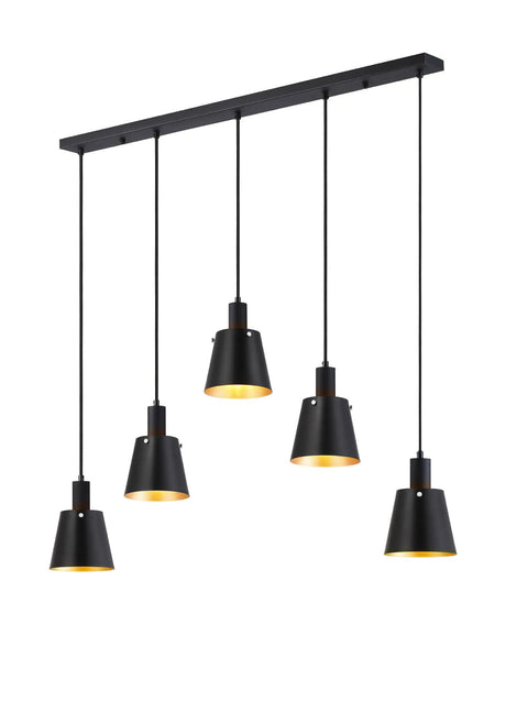 Mattson Linear Pendant, 16cm x 14cm Shade, 5 x E27, Sand Black/Black/Gold Metal Shade