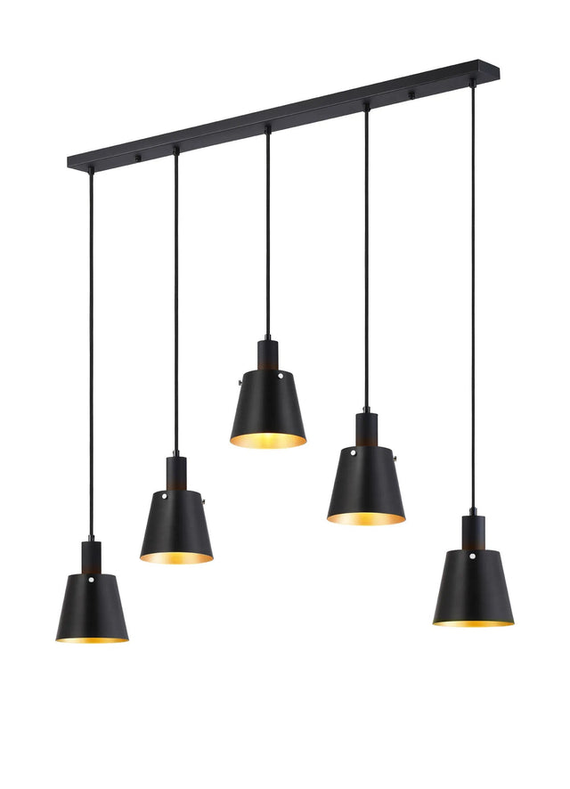 Mattson Linear Pendant, 16cm x 14cm Shade, 5 x E27, Sand Black/Black/Gold Metal Shade
