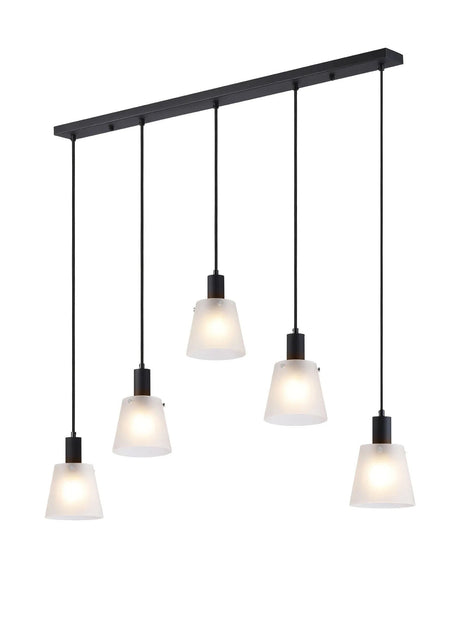Mattson Linear Pendant, 16cm x 14cm Shade, 5 x E27, Sand Black/Frosted White Glass Shade