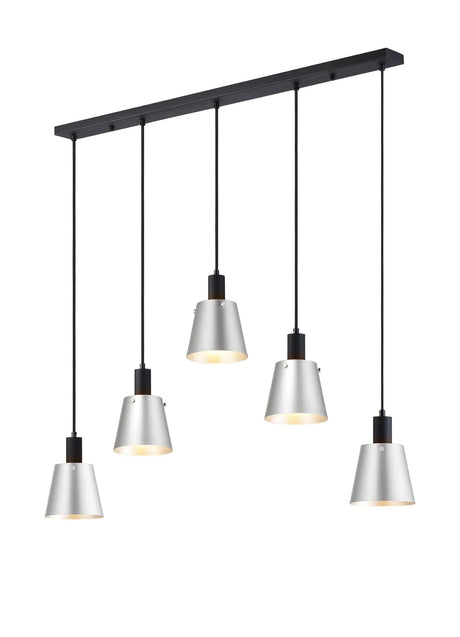 Mattson Linear Pendant, 16cm x 14cm Shade, 5 x E27, Sand Black/Light Grey/Silver Metal Shade