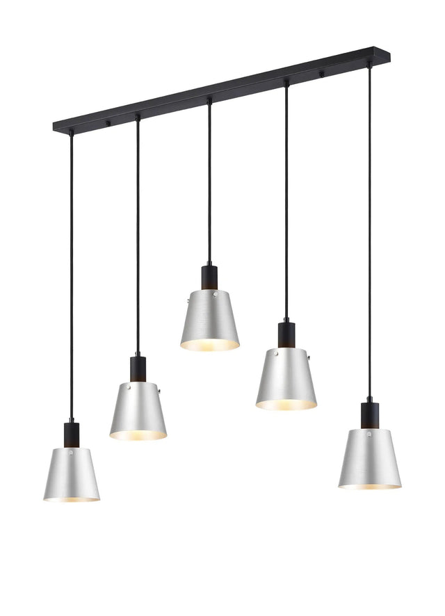 Mattson Linear Pendant, 16cm x 14cm Shade, 5 x E27, Sand Black/Light Grey/Silver Metal Shade