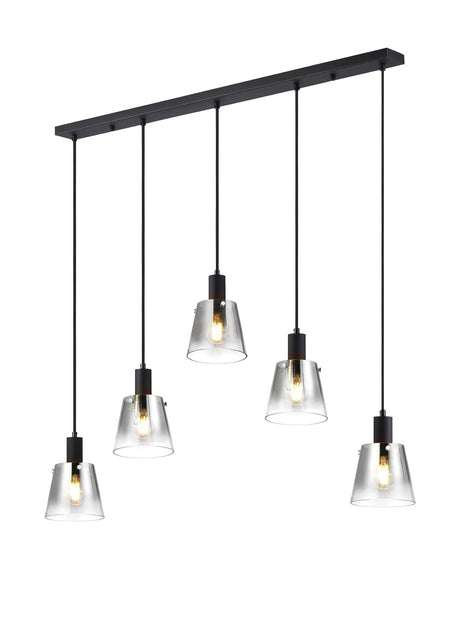 Mattson Linear Pendant, 16cm x 14cm Shade, 5 x E27, Sand Black/Smoke Faded Glass Shade