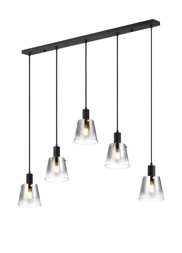 Mattson Linear Pendant, 16cm x 14cm Shade, 5 x E27, Sand Black/Smoke Faded Glass Shade