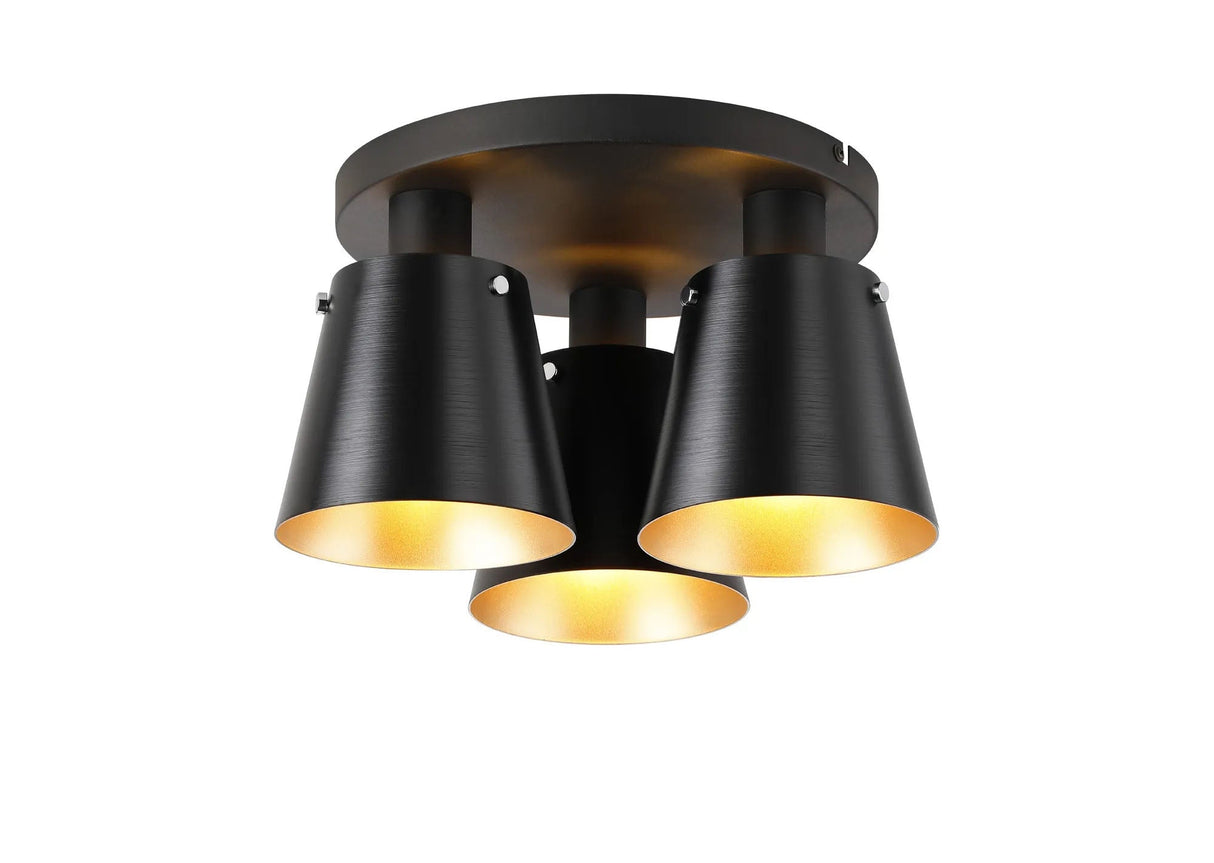 Mattson Round Ceiling Light, 16cm x 14cm Shade, 3 x E27, Sand Black/Black/Gold Metal Shade