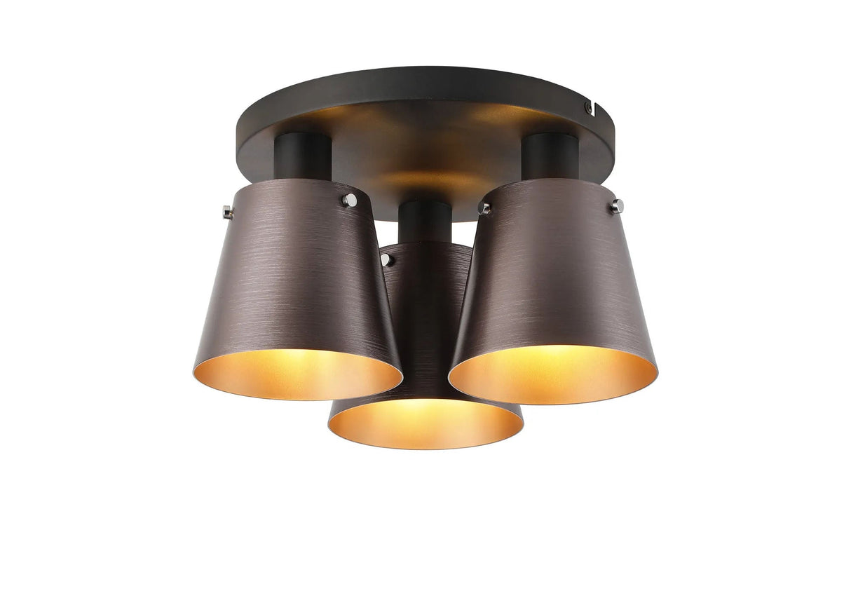Mattson Round Ceiling Light, 16cm x 14cm Shade, 3 x E27, Sand Black/Brown/Copper Metal Shade