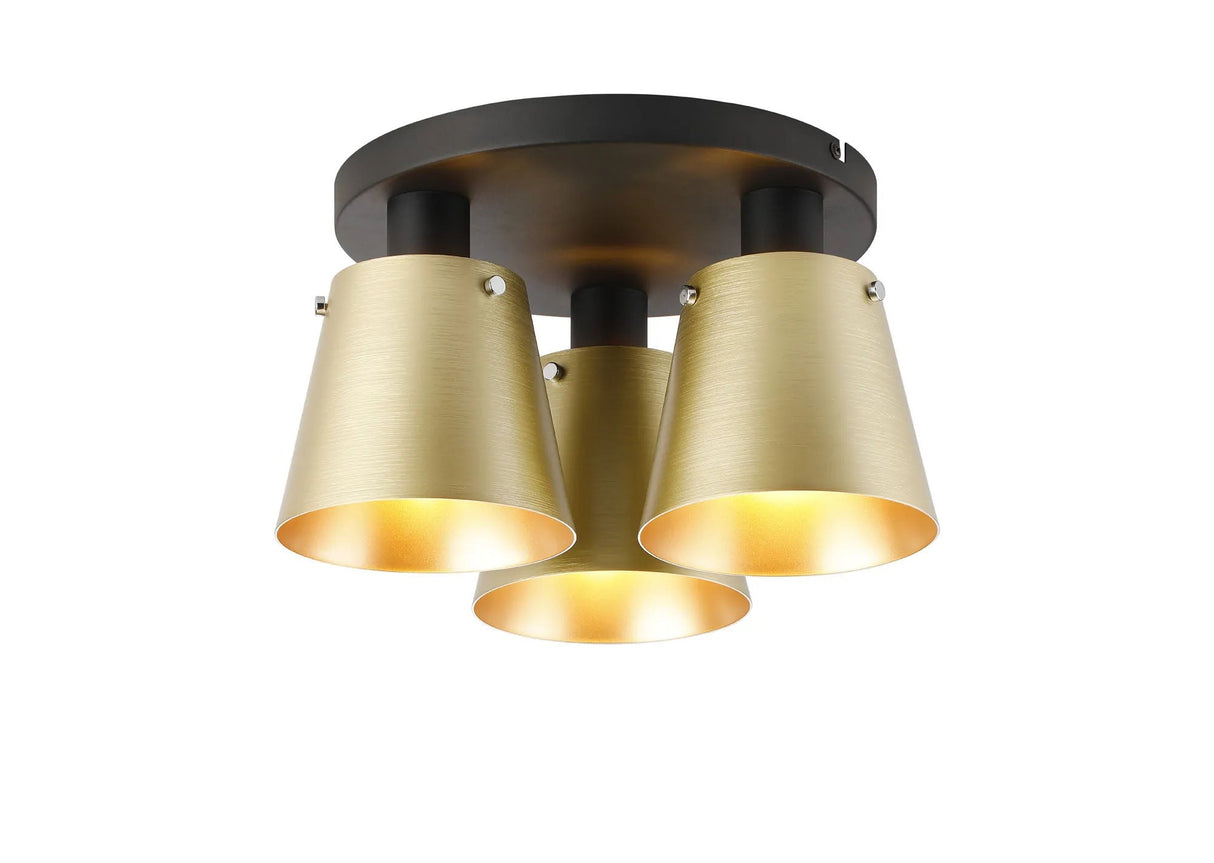 Mattson Round Ceiling Light, 16cm x 14cm Shade, 3 x E27, Sand Black/Brass/Gold Metal Shade