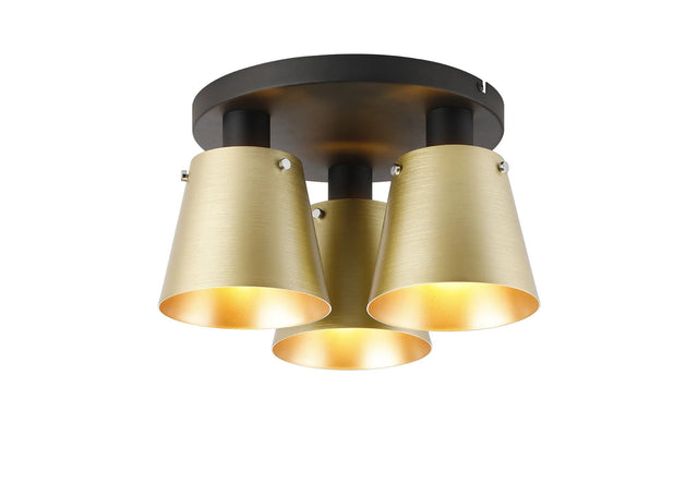 Mattson Round Ceiling Light, 16cm x 14cm Shade, 3 x E27, Sand Black/Brass/Gold Metal Shade