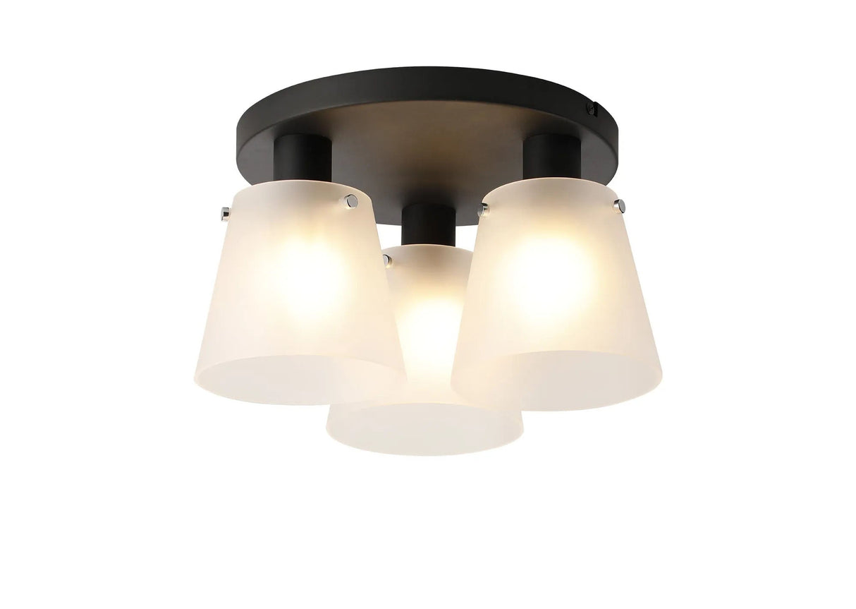 Mattson Round Ceiling Light, 16cm x 14cm Shade, 3 x E27, Sand Black/Frosted White Glass Shade