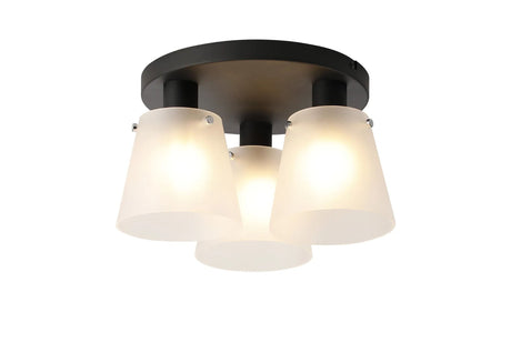Mattson Round Ceiling Light, 16cm x 14cm Shade, 3 x E27, Sand Black/Frosted White Glass Shade