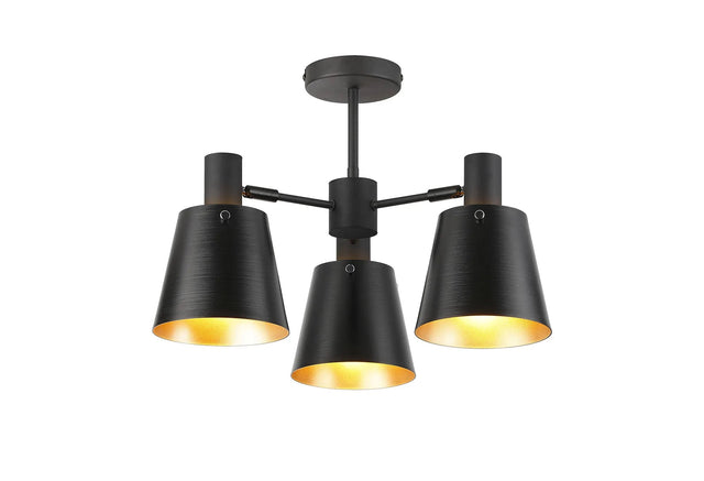 Mattson Semi Ceiling x Adjustable Arms, 16cm x 14cm Shade, 3 x E27, Sand Black/Black/Gold Metal Shade