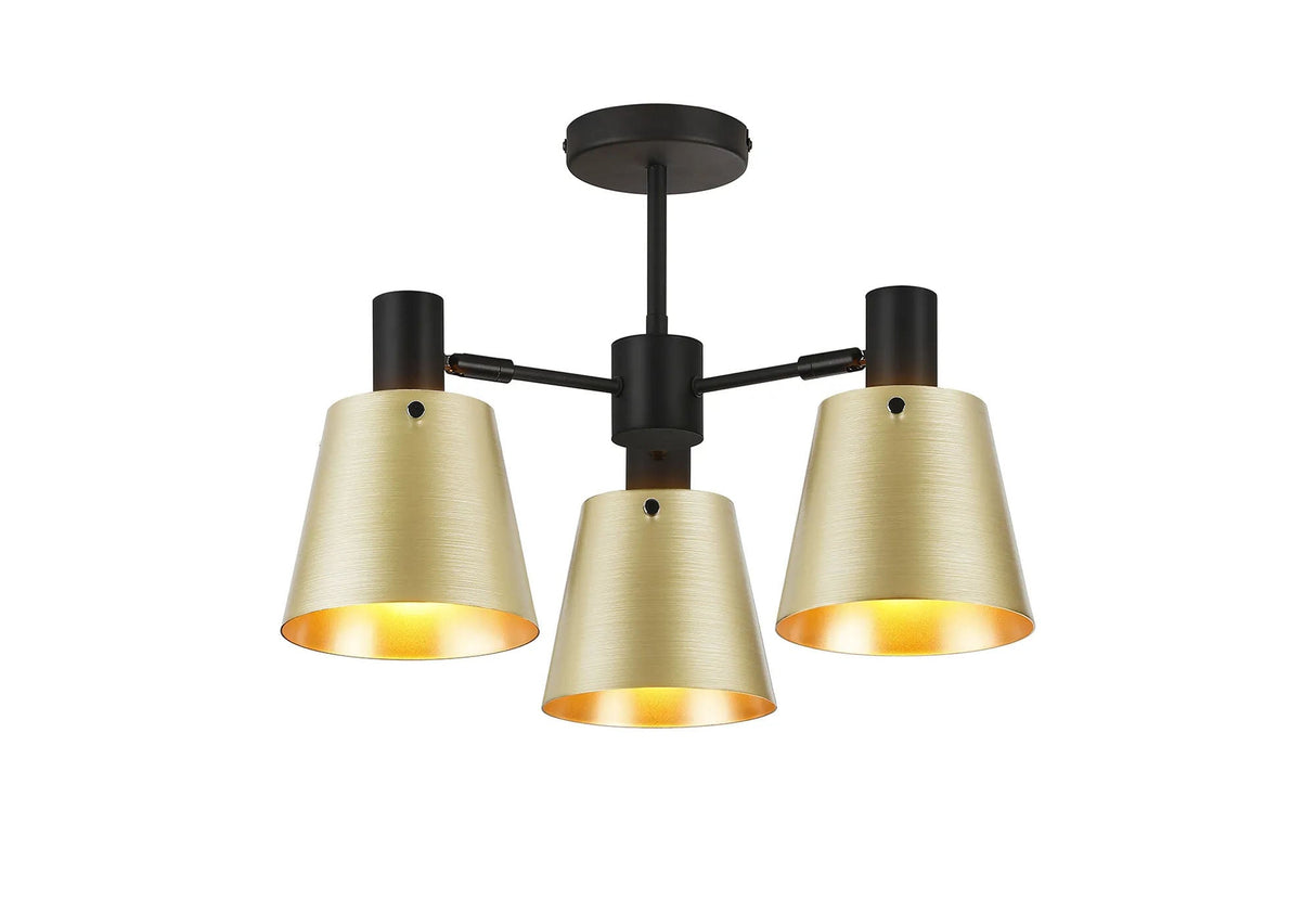 Mattson Semi Ceiling x Adjustable Arms, 16cm x 14cm Shade, 3 x E27, Sand Black/Brass/Gold Metal Shade