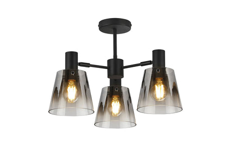 Mattson Semi Ceiling x Adjustable Arms, 16cm x 14cm Shade, 3 x E27, Sand Black/Smoke Faded Glass Shade