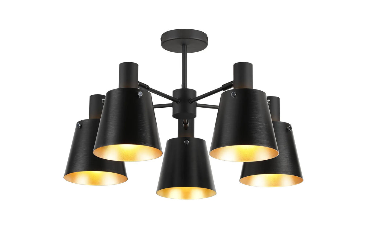 Mattson Semi Ceiling x Adjustable Arms, 16cm x 14cm Shade, 5 x E27, Sand Black/Black/Gold Metal Shade