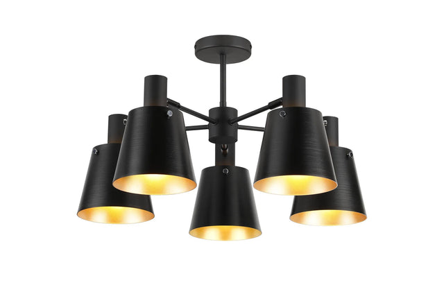 Mattson Semi Ceiling x Adjustable Arms, 16cm x 14cm Shade, 5 x E27, Sand Black/Black/Gold Metal Shade