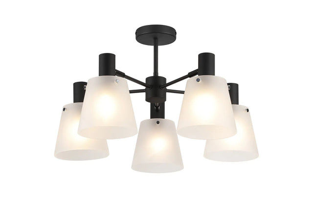 Mattson Semi Ceiling x Adjustable Arms, 16cm x 14cm Shade, 5 x E27, Sand Black/Frosted White Glass Shade