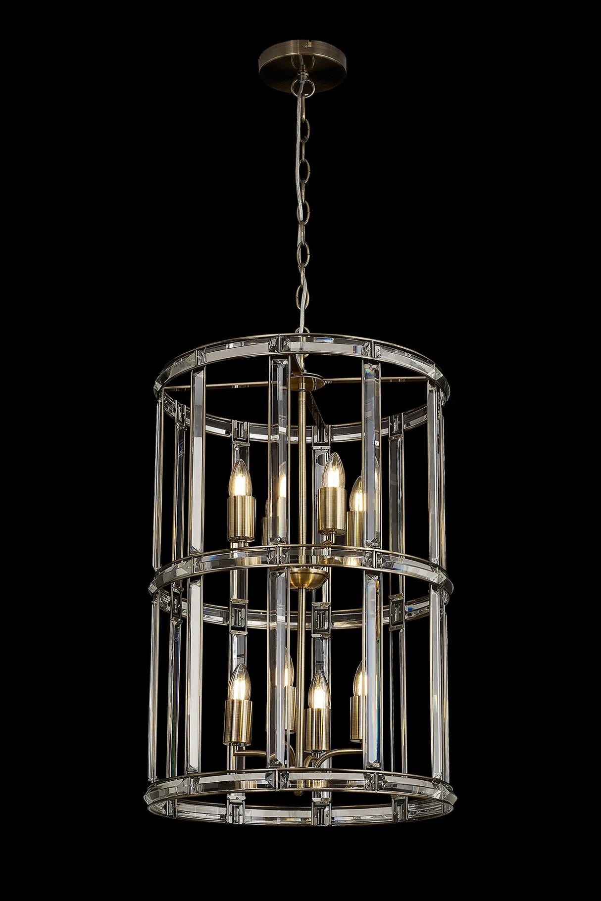Ellison Medium Round Column Pendant, 8 x E27, Antique Brass