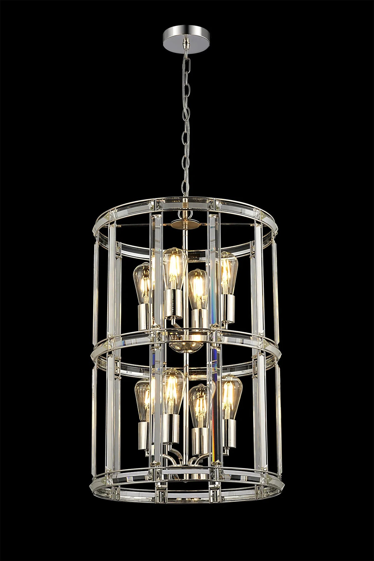 Ellison Medium Round Column Pendant, 8 x E27, Polished Nickel