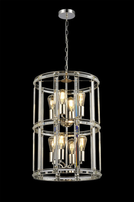 Ellison Medium Round Column Pendant, 8 x E27, Polished Nickel