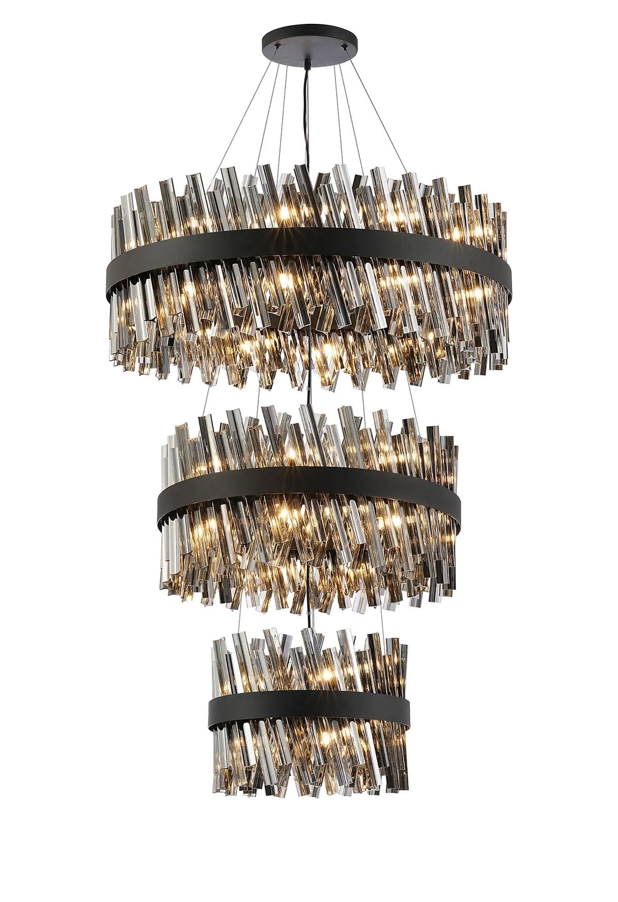 Melville 3 Tier 40cm + 60cm + 80cm Pendant, 10 + 18 + 24 Light G9, Satin Black/Smoke