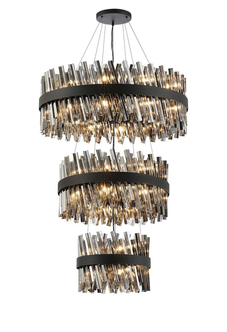 Melville 3 Tier 40cm + 60cm + 80cm Pendant, 10 + 18 + 24 Light G9, Satin Black/Smoke