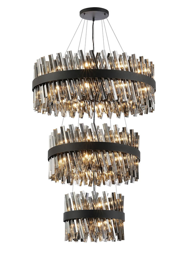 Melville 3 Tier 40cm + 60cm + 80cm Pendant, 10 + 18 + 24 Light G9, Satin Black/Smoke