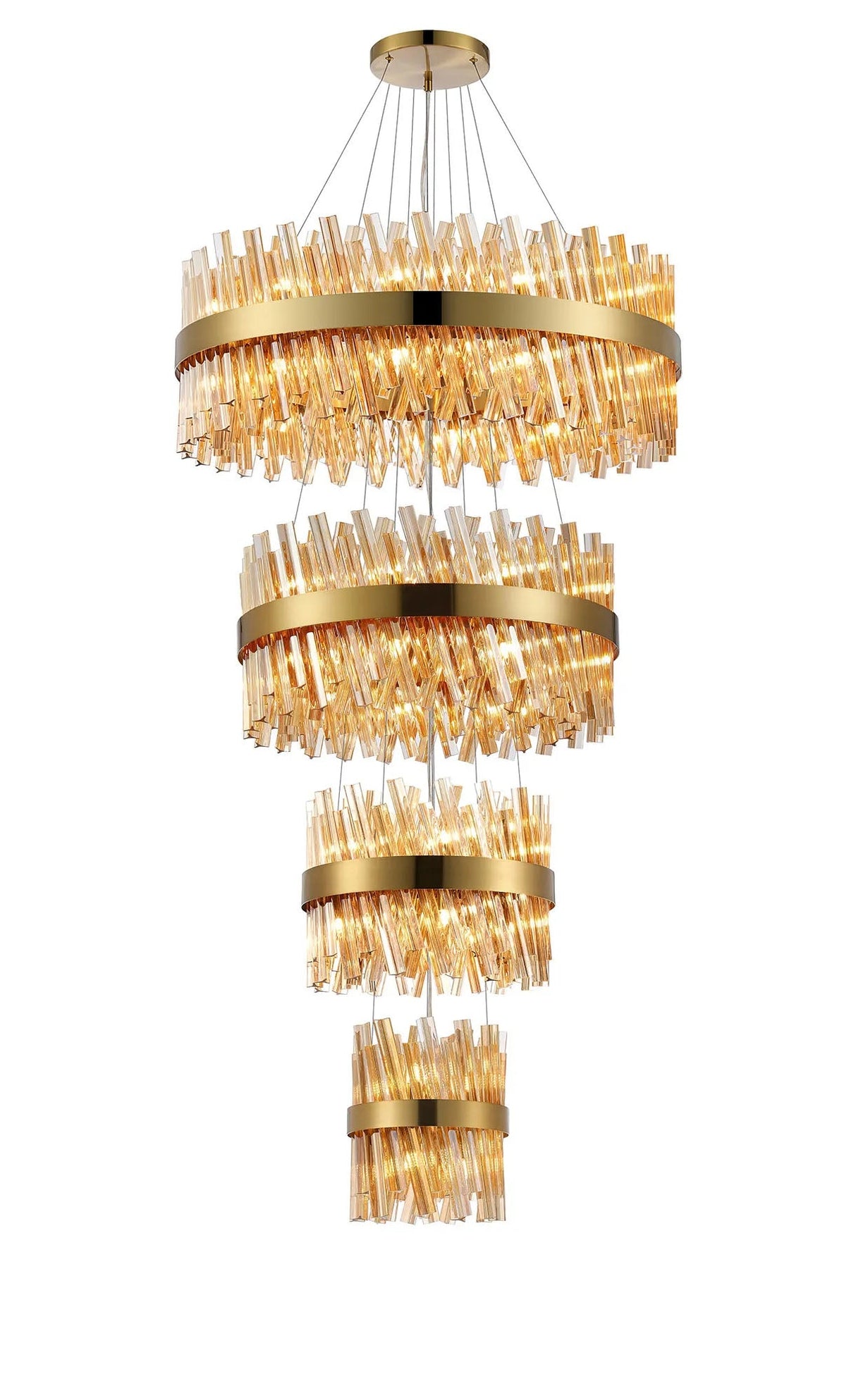 Melville 4 Tier 25cm + 40cm + 60cm + 80cm Pendant, 6 + 10 + 18 + 24 Light G9, Brass/Amber