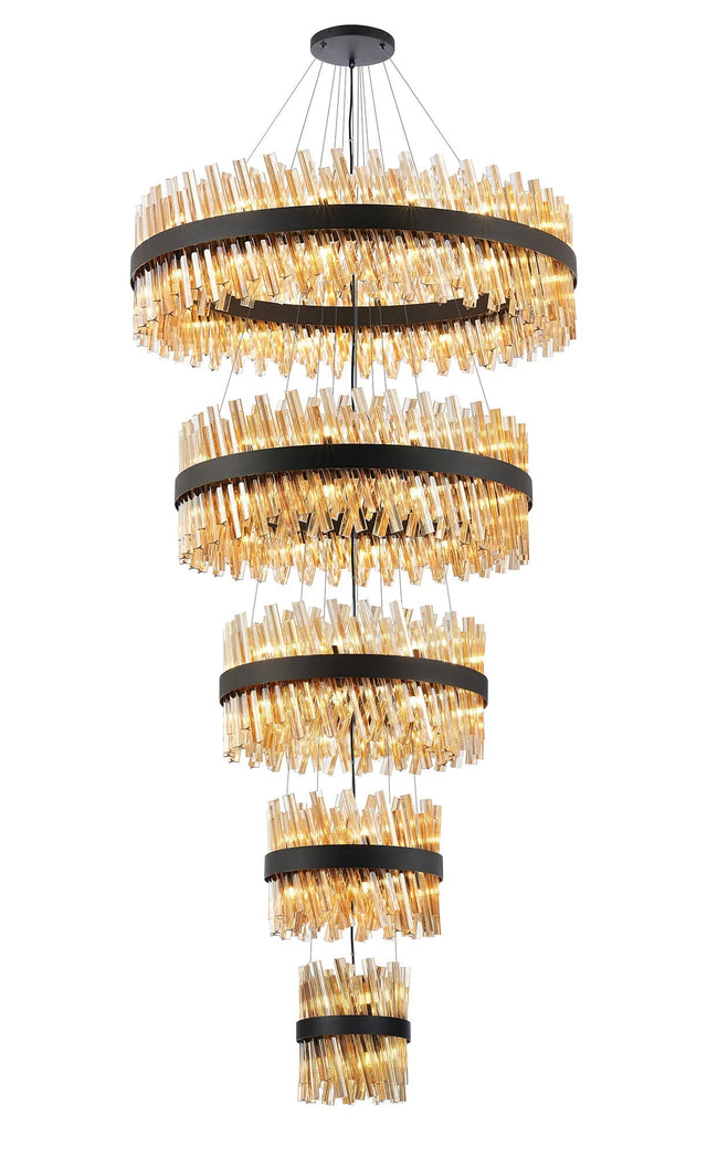 Melville 5 Tier 25cm + 40cm + 60cm + 80cm + 1m Pendant, 6 + 10 + 18 + 24 + 32 Light G9, Black/Amber