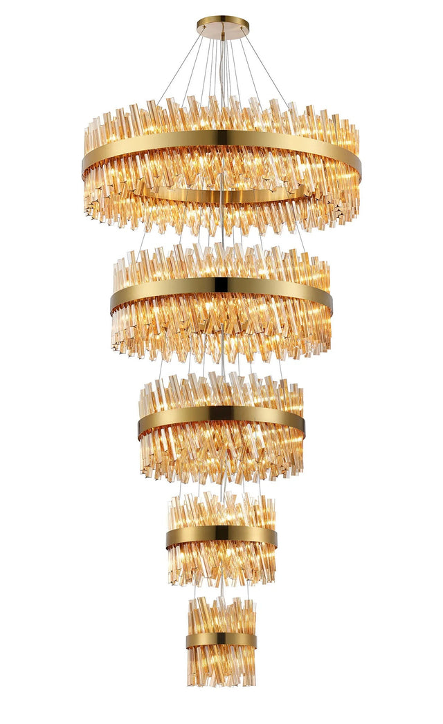 Melville 5 Tier 25cm + 40cm + 60cm + 80cm + 1m Pendant, 6 + 10 + 18 + 24 + 32 Light G9, Brass/Amber