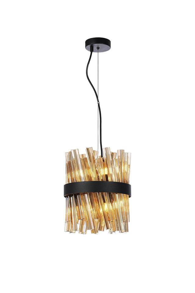 Melville Pendant Round 6 x G9, Satin Black/Amber Sculpted Glass