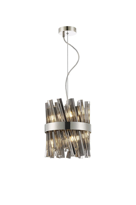Melville Pendant Round 6 x G9, Polished Nickel/Smoke Sculpted Glass