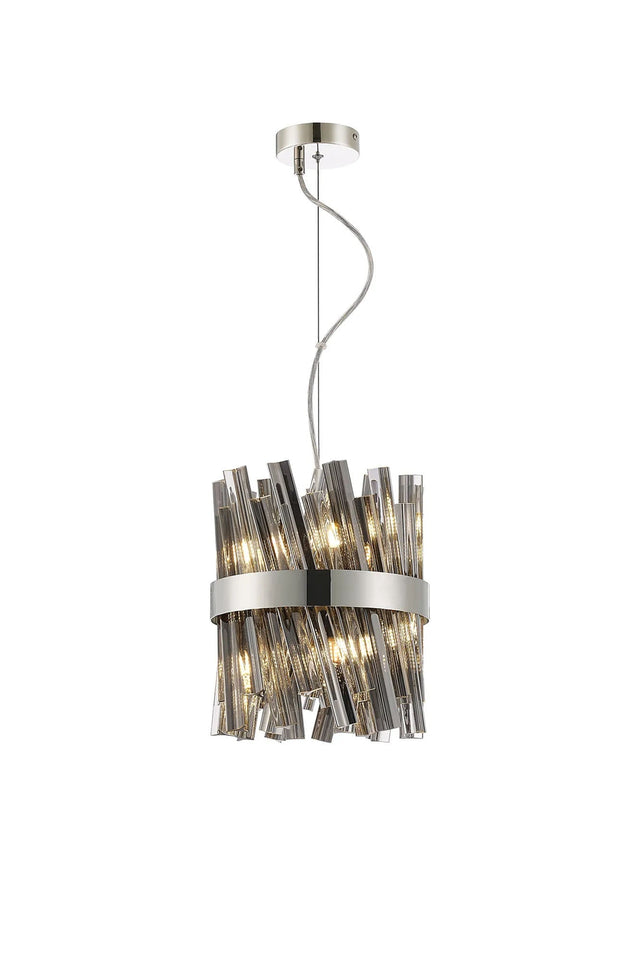 Melville Pendant Round 6 x G9, Polished Nickel/Smoke Sculpted Glass