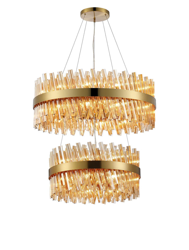 Melville 2 Tier 60cm + 80cm Pendant, 18 + 24 Light G9, Brass/Amber
