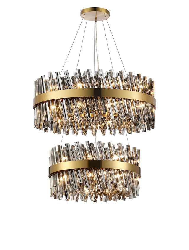 Melville 2 Tier 60cm + 80cm Pendant, 18 + 24 Light G9, Brass/Smoke