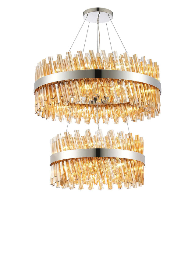 Melville 2 Tier 60cm + 80cm Pendant, 18 + 24 Light G9, Polished Nickel/Amber