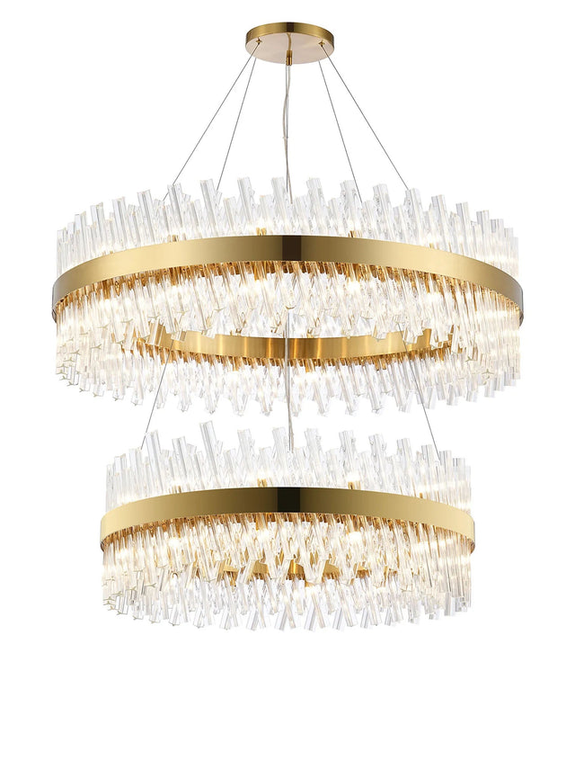 Melville 2 Tier 80cm + 1m Pendant, 24 + 32 Light G9, Brass/Clear