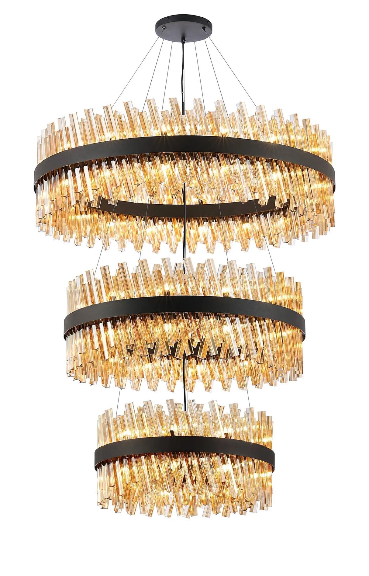 Melville 3 Tier 60cm + 80cm + 1m Pendant, 18 + 24 + 32 Light G9, Satin Black/Amber