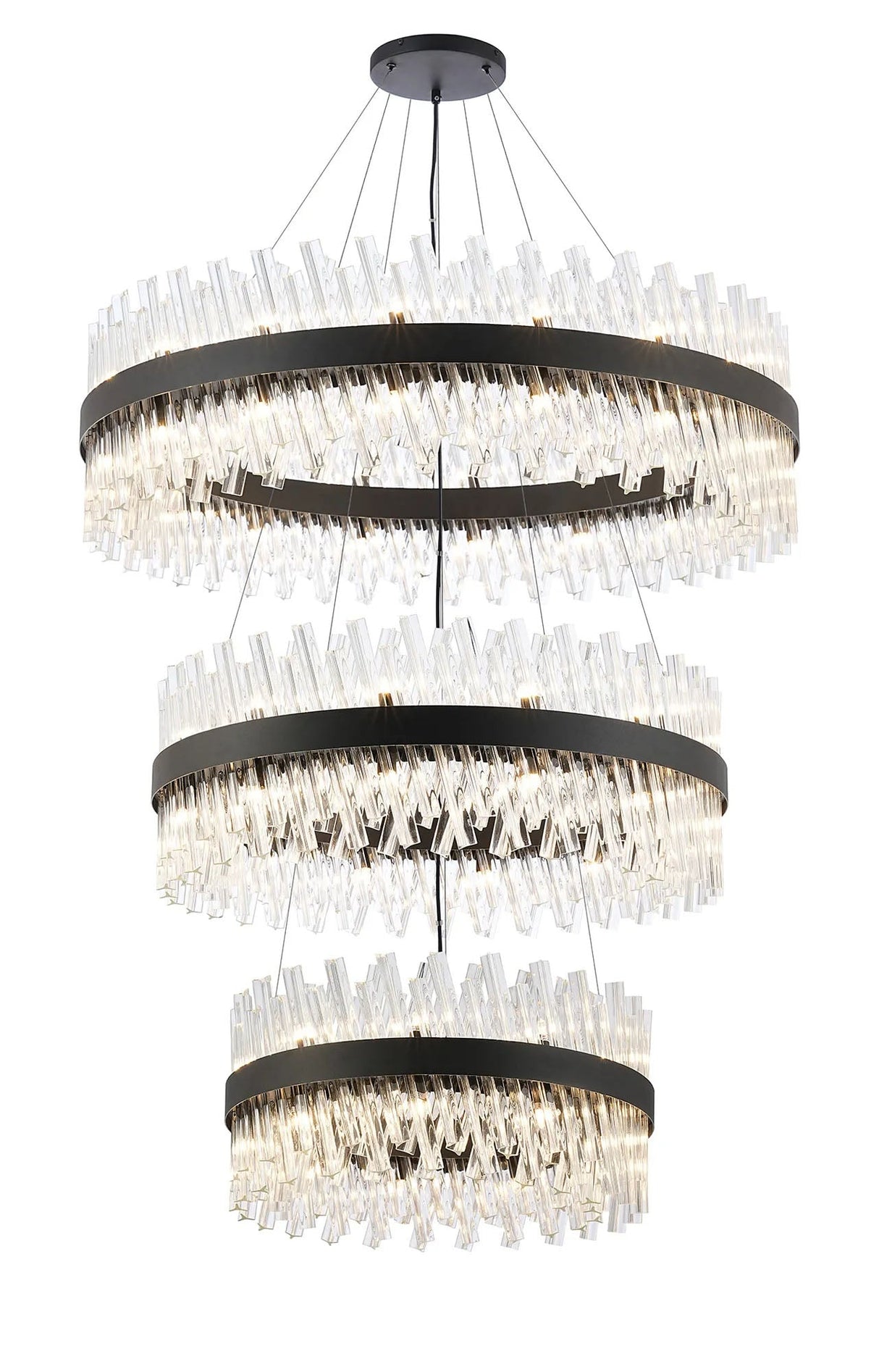 Melville 3 Tier 60cm + 80cm + 1m Pendant, 18 + 24 + 32 Light G9, Satin Black/Clear