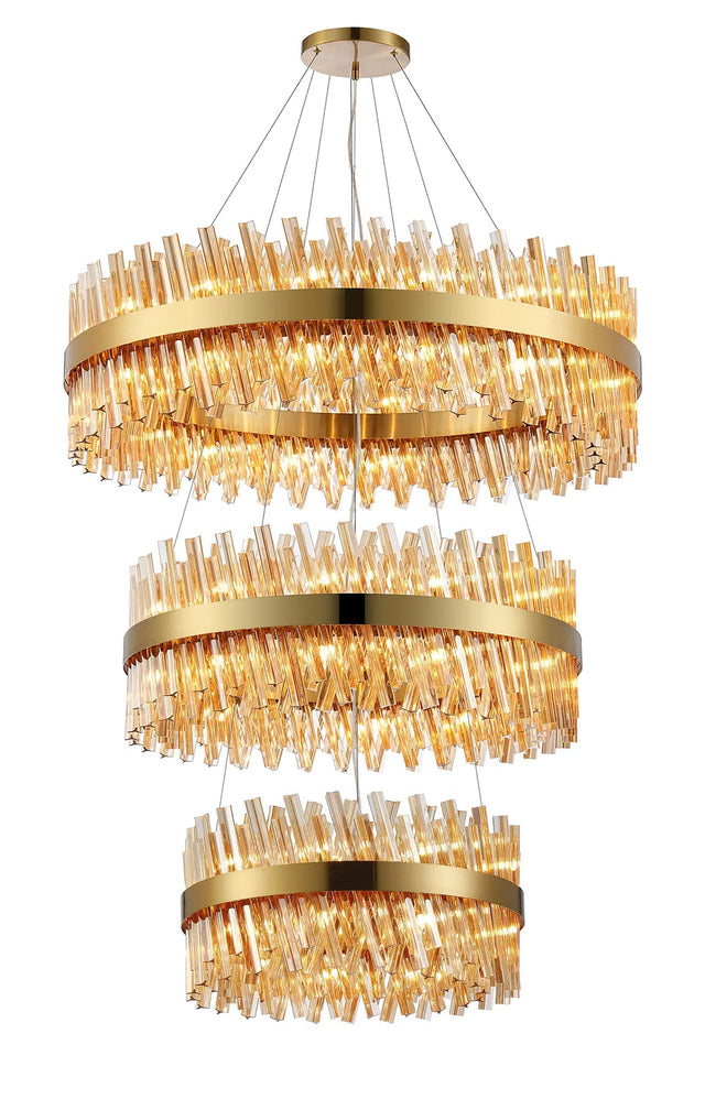 Melville 3 Tier 60cm + 80cm + 1m Pendant, 18 + 24 + 32 Light G9, Brass/Amber