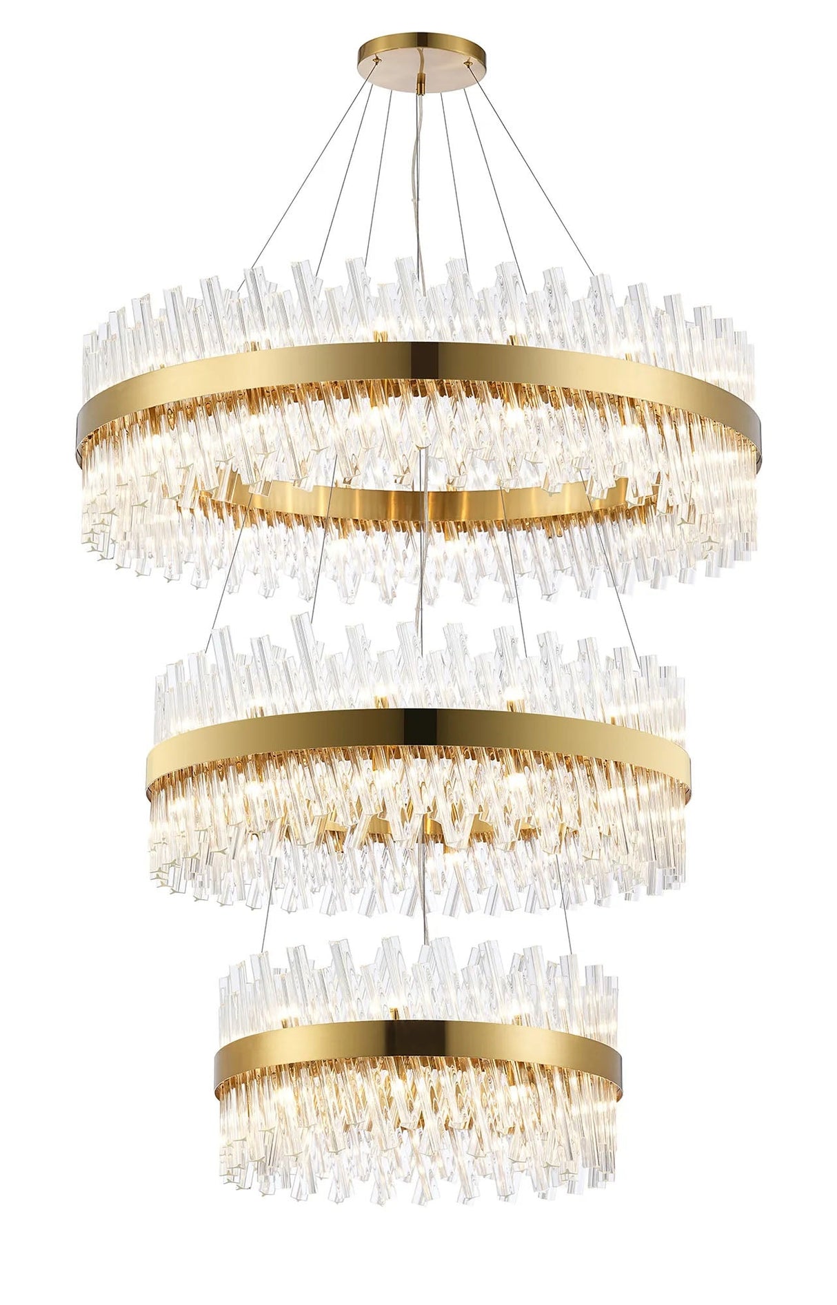 Melville 3 Tier 60cm + 80cm + 1m Pendant, 18 + 24 + 32 Light G9, Brass/Clear
