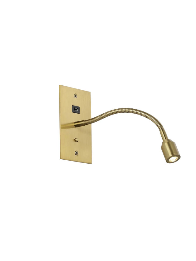 Mullery USB Wall Lamp, 1 Light Adjustable Switched Fits A Standard Double Socket Box, 3W LED, 3000K, Aged Brass
