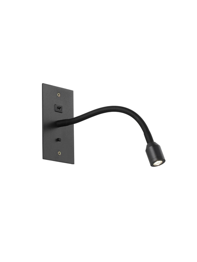 Mullery USB Wall Lamp, 1 Light Adjustable Switched Fits A Standard Double Socket Box, 3W LED, 3000K, Satin Black
