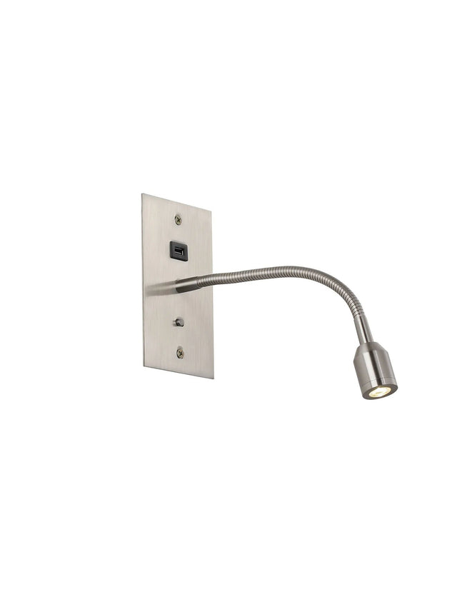 Mullery USB Wall Lamp, 1 Light Adjustable Switched Fits A Standard Double Socket Box, 3W LED, 3000K, Satin Nickel