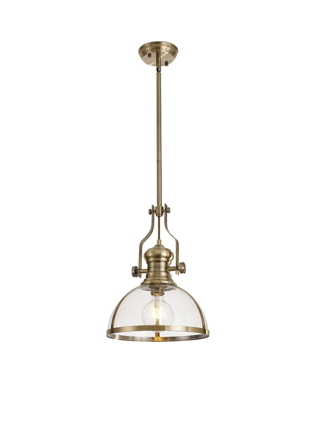 Munro Multi Height Pendant, 1 x E27, Antique Brass With Round 30cm Antique Brass/Clear Glass Shade