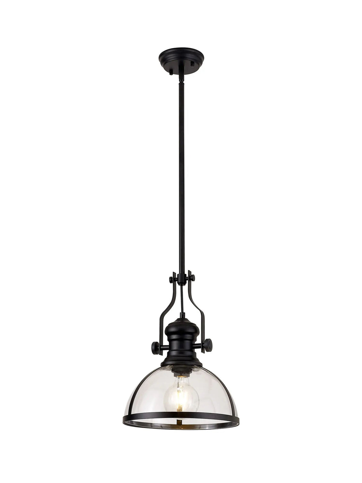 Munro Multi Height Pendant, 1 x E27, Matt Black With Round 30cm Matt Black/Clear Glass Shade