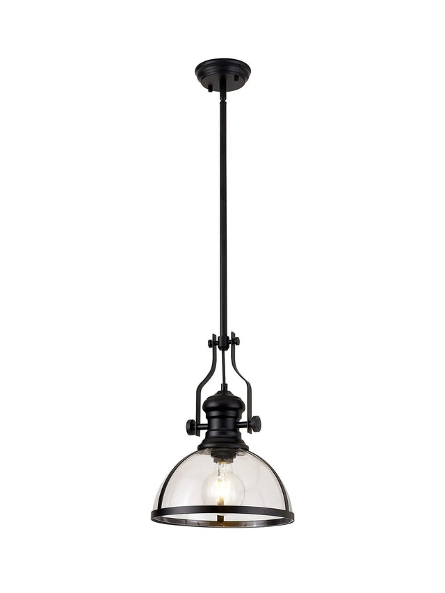Munro Multi Height Pendant, 1 x E27, Matt Black With Round 30cm Matt Black/Clear Glass Shade