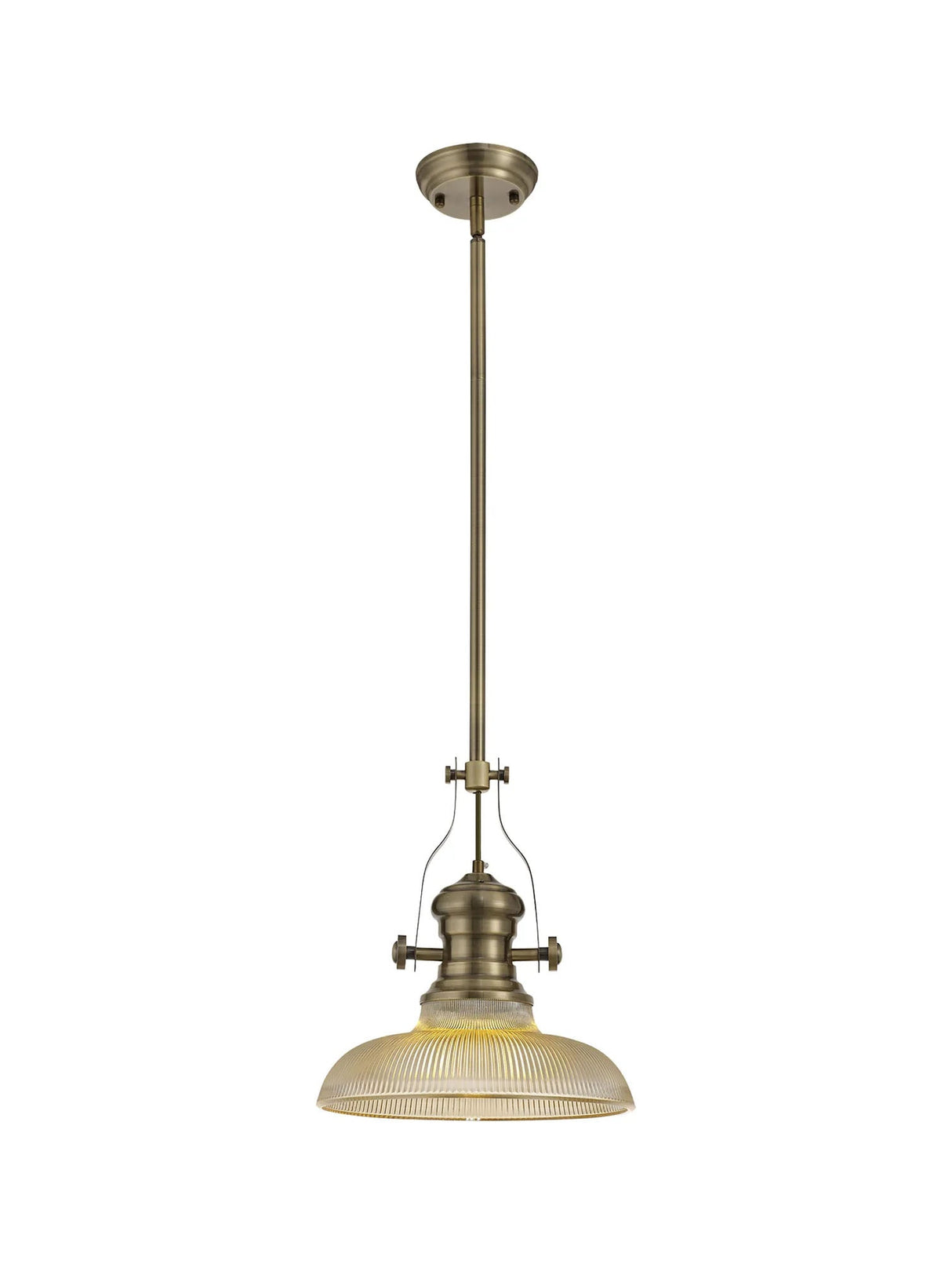Munro 1 Light Multi Height Pendant E27 With 30cm Round Glass Shade, Antique Brass/Amber