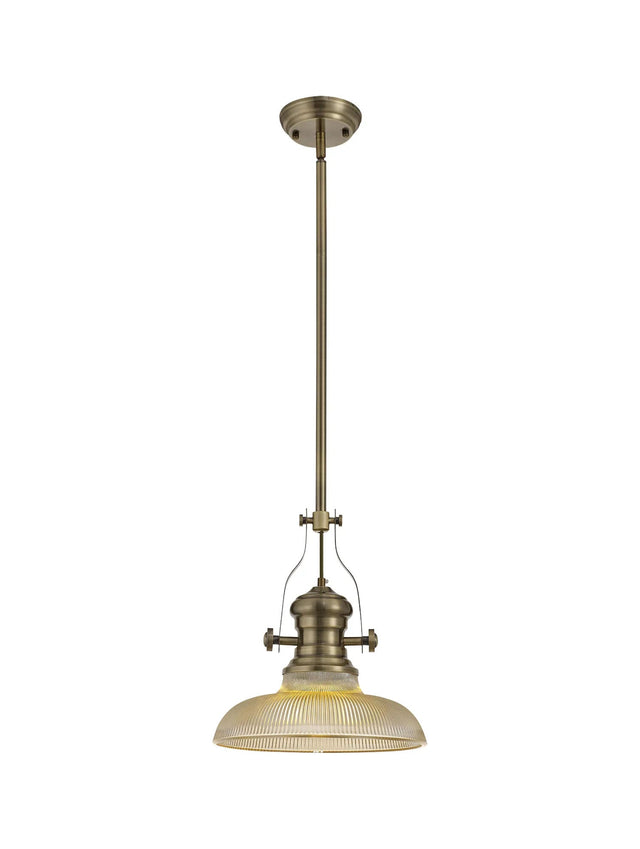 Munro 1 Light Multi Height Pendant E27 With 30cm Round Glass Shade, Antique Brass/Amber