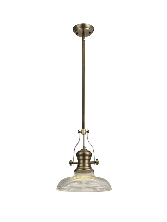 Munro 1 Light Multi Height Pendant E27 With 30cm Round Glass Shade, Antique Brass/Clear